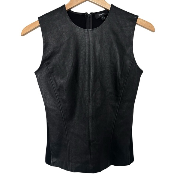 THEORY Black Lamb Leather Modern Seamed Shell Sleeveless Top P XS 0 - Picture 2 of 6